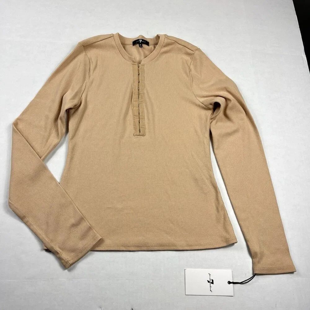 7 For All Mankind Womens Ribbed Knit Shirt Tan Henley Top Long Sleeve MEDIUM NEW